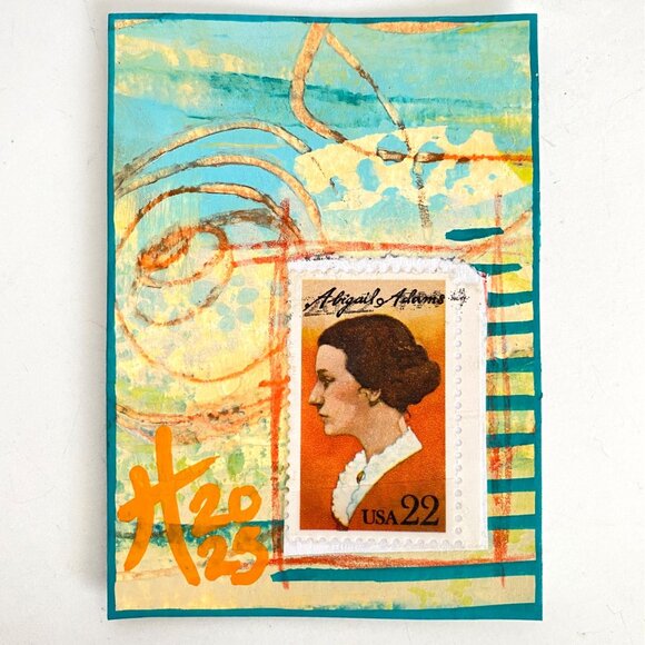 ACEO Original Acrylic Mixed Media Art 1985 US Abigail Adams Postage Stamp ATC - Picture 1 of 3